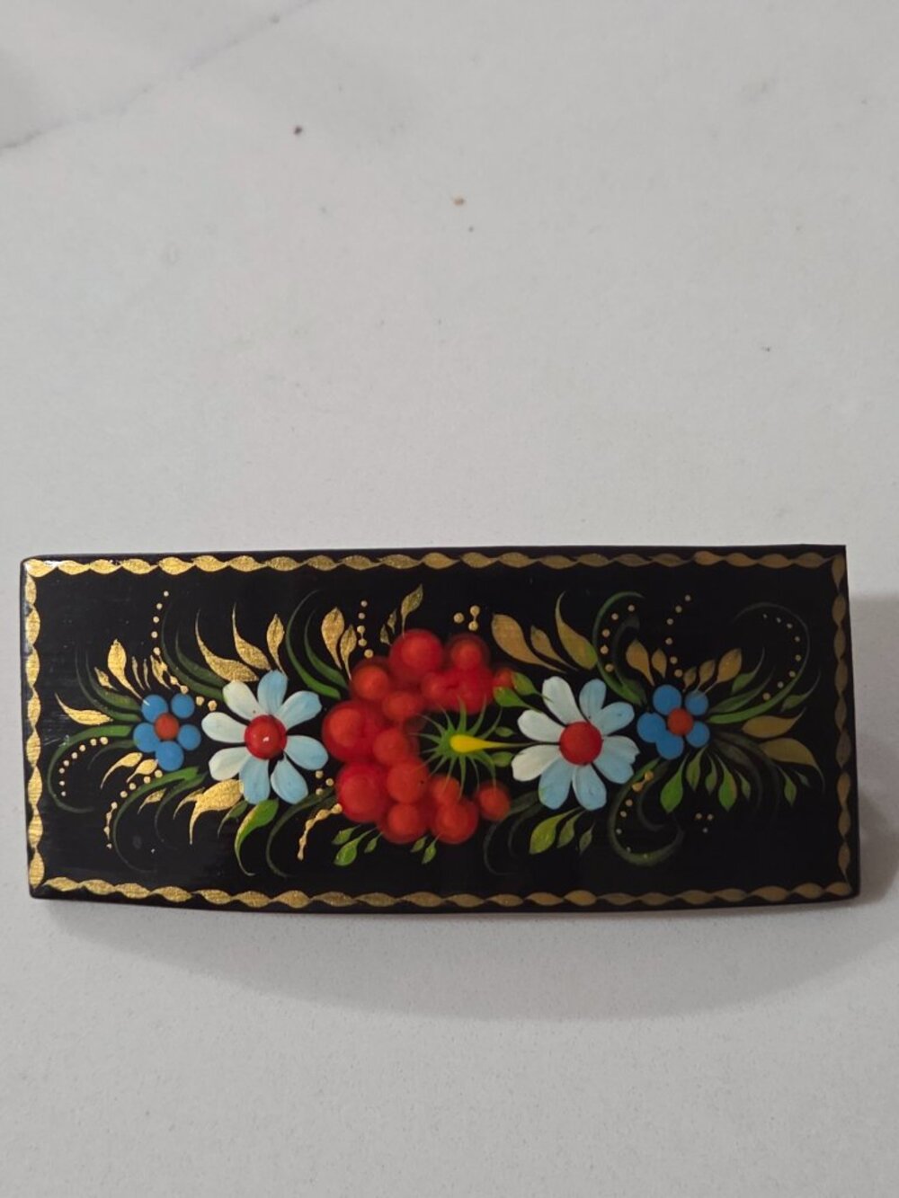Beautiful hand-painted Petrykivka Ukrainian barrette with a classic floral desig